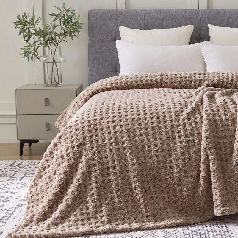 Serenhom Soft Cozy Fuzzy Fleece Twin Blanket  Waffle Light Taupe  60x80 Inches - Lightweight  Fluffy  and Warm 3D Jacquard All-Season Blanket for Couch  Bed  Sofa  Home Decor  Camping  and Travel - Image 1